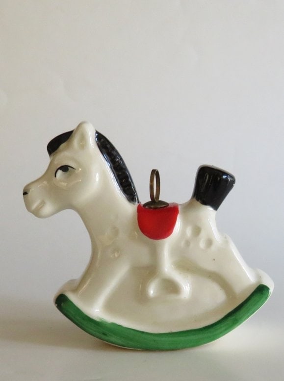 Vintage German Goebel Christmas Ornament-Porcelain Rocking Horse 1980s: Vintage German hand painted and glazed porcelain rocking horse, Christmas ornament by 'Goebel, W. Germany', 1980s ["West Germany" marking was in use 1948-1990]. Porcelain rocking horse is c. 2" tall,