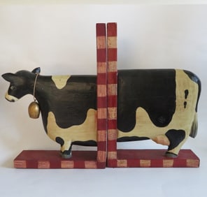 Vintage Set, Complete Cow Bookends, Wood, Folk Art, 1970s