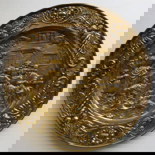 Mid Century Large Brass Metal Plate, Pub Scene, England, 1960s, Wall Decor: Vintage Mid Century large hammered brass metal plate, wall hanging, pub scene, marked 'Made in England" on hanger. Embossed hammered colonial England home, tavern decor, c.1950s-1970s. The platter is