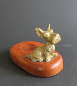 Vintage Duk-It Gilt Metal Scottish Terrier, Wood Base Desk Accessory, 1930s