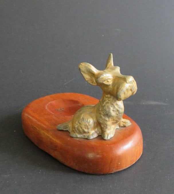 Vintage Duk-It Gilt Metal Scottish Terrier, Wood Base Desk Accessory, 1930s (1 of 9)