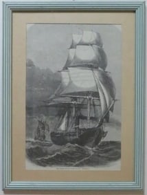 US Sloop of War Brooklyn, Antique Wood Engraving 1866, Glass Frame