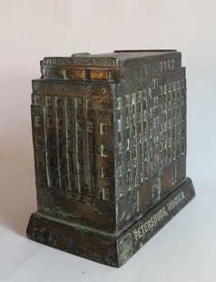 Vintage Metal Petersburg Mutual Savings Bank Building, Piggy Bank, 1930s: Vintage original solid metal Petersburg, Virginia - Petersburg Mutual Savings Bank building, piggy bank, marked on bottom "Banthrico Inc. / Chicago U.S.A.", c.1930s-1940s. The coin bank is 4.5/8" high