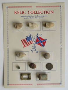 Relics of the Battle of The Crater, Petersburg, Virginia, Civil War 1864: "Relic Collection" Authentic antique relics from the Petersburg, VA area near the "Battle of the Crater." Original Civil War artifacts from the battlefield area, Petersburg, Virginia glued to the spec