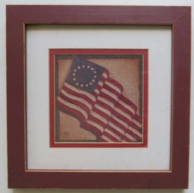 Stars & Stripes, First Flag of The USA Print, Signed in Plate Dated 1999, Framed: "Olde Flag, Olde Glory" print, signed in plate and dated 1999; matted and in glass frame. The print is ; c.4.3/4"x 4.3/4" [12.1cm]; framed 9.1/2" x 9.1/2" [24.2cm], very good condition. Rates vary per
