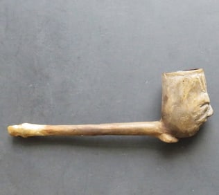 Vintage Fired Clay Pipe with Carved Face, Mid 20th Century