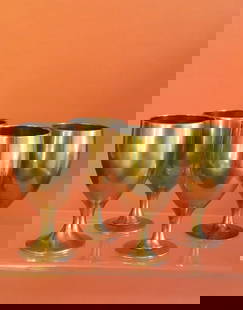 Set of 4 Vintage Mid Century Brass Metal Mini Goblets, 1950s-1970s: Set of four [4] vintage Mid Century brass metal mini goblets, unmarked, 1950s-1970s. The goblets are 3" [7.7cm] tall, 1.1/2" [3.8cm] across at the top, some wear from cleaning, very good condition. 