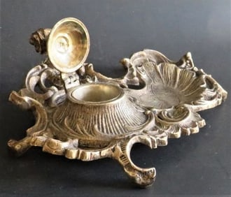 Antique Art Nouveau Footed Brass Desk Inkwell, Desk Accessory