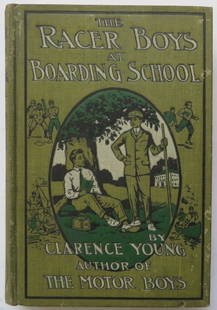 Clarence Young, Racer Boys at Boarding School, 1912, illustrated: "The Racer Boys at Boarding School, or Striving for the Championship" by Clarence Young, published by Cupples & Leon, New York, 1912; illustrated. Hard boards, illustrated cloth [surface wear: see pho