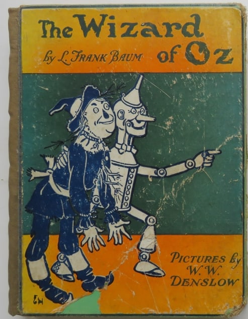 Frank Baum, Wizard Of Oz, 1920 Bobbs Merrill, 5th/2nd State, Denslow Illustrations: "The Wizard of Oz" / "The New Wizard of Oz" by L. Frank Baum illustrated by W.W. Denslow, published by Bobbs-Merrill Company, copyright 1903. Fifth Edition, Second State, 1920s. Hard boards, original 