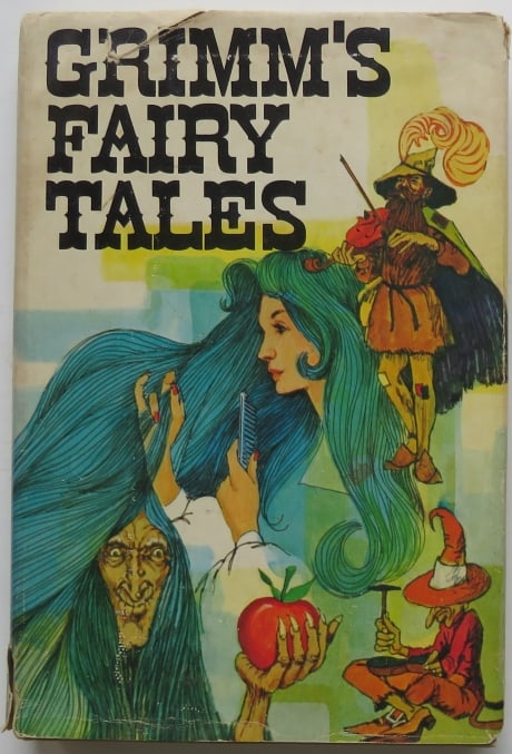 Jakob & William Grimm, Fairy Tales, Doubleday Ed. 1954, illustrated by Weisgard: "Grimm's Fairy Tales" by Jakob and William Grimm; illustrated by Leonanrd Weisgard. Published by Nelson Doubleday, Inc., Garden City, New York, 1954. Original dust jacket, un-clipped (wear, creases, d