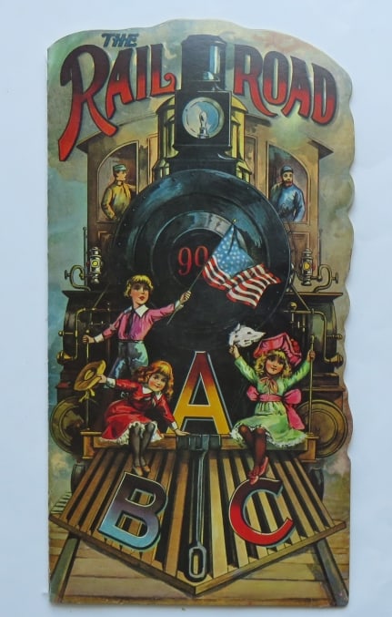 The Railroad ABC, Shackman Edition 1982, Facsimile of Antique Book, illustrated: "The Railroad ABC"; fully illustrated. Die-Cut Paperback Book, No.10943. Published by B. Shackman & Co., New York, 1982, "Our Version of the Antique"; printed in Hong Kong. Original illustrated paper 