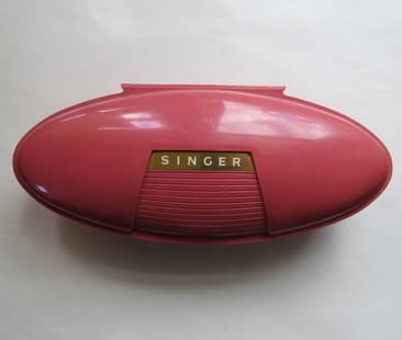 Vintage 1960 Singer Sewing Machine Buttonholer in Atomic Streamline Case: Vintage 1960 Singer sewing machine buttonholer in atomic streamline case. The case is c.11" x 5"; 3.1/4" tall including lid [27.9cm x 12.8cm x 8.3cm]. Appears to be complete: there are 4 Templates, th