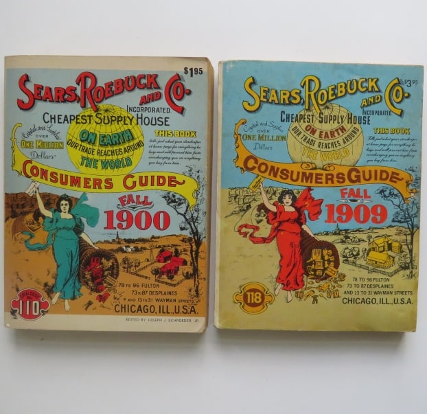 Lot of 2, Sears, Roebuck And Co. Consumer's Guide Fall 1900 & 1909, illustrated Ads: Lot of two [2] 1970 & 1979 Reprints of" "Sears, Roebuck And Co. Consumer's Guide Fall 1900 and Fall 1909, Cheapest Supply House on Earth. Our Trade Reaches Around The World." The Fall 1900 catalog was