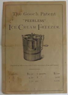Antique Victorian 4-Page Booklet for Ice Cream Freezer + Receipts, 1870s: Antique Victorian four [4] page booklet for "The Gooch Patent 'Peerless' and 'Giant' Ice Cream Freezer; Ice Cream Machine Freezer; Directions for Freezing and Receipts" with Ice Cream Recipes on the