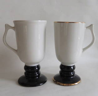 Set of 2 Vintage Ceramic Irish Coffee Pedestal Mugs, Hall, 1950s: Set of two [2] vintage Mid Century ceramic Irish Coffee pedestal mugs by Hall. The mark "HALL" in circle with extra backstamp, "Made in U.S.A." below the circle was applied from the 1930s through the