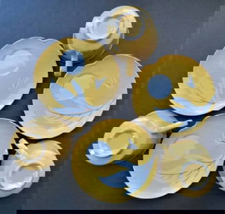Ceramic Set Of 3 Tea Cups & Saucers, Classic 1960s, Napco Japan: Vintage set for three [3] classic yellow, white and gold 1960s design Napco ceramic tea or coffee set. Three cups and three multi-functional plates (saucer & sandwich / cake plate). The cups are unmar
