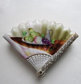 Vintage Hand Painted Porcelain Trinket Box, Lady's Fan Shape, 1940s