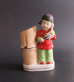 Vintage Porcelain Girl Figurine with Brush Holder, Occupied Japan 1940s