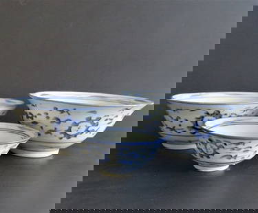 Set, 3 Vintage Chinese Ceramic Blueware Ceramic Bowls, Cobalt Blue: Set of three [3] antique / vintage Chinese blueware ceramic bowls, cobalt blue decorations, elegant Ming shape, and dull 'antique' looking glaze may suggest Ming Dynasty. However, such traditional bow