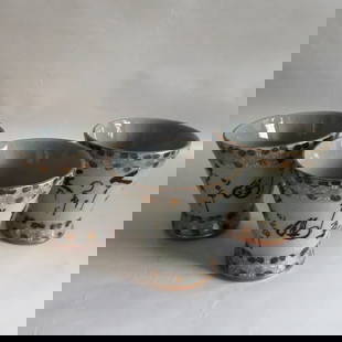 Set of 3 Vintage Kutani Ware Cups, Saiji Calligraphy, Japan: Set of three [3] vintage ceramic Kutani ware cups decorated with white, black and gold, Saiji calligraphy outside of the cups, red iron oxide mark on the bottom. The cups are 3" [7.7cm] tall; 2.3/4" [