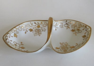 Antique Hand-Painted Noritake Nippon Porcelain Dish, Gold Flowers 1910s