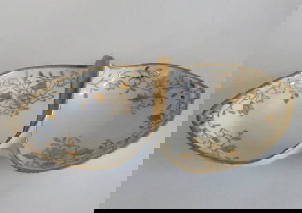 Antique Hand-Painted Noritake Nippon Porcelain Dish, Gold Flowers 1910s: Antique fine porcelain serving dish with handle, gold decorations including moriage gold, porcelain mark -- Maruki symbol with "Hand Painted Nippon," 1910s. The dish is c. 2.3/4" [7cm] tall including