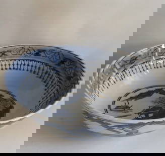 Large Vintage Hand Painted Chinese Porcelain Bowl, 1960s: Large vintage hand painted Chinese porcelain bowl, unmarked, mid-late twentieth century. Cobalt oxide hand painted Asian landscape scenes with mountains, trees, a figure on a bridge, and temples. The