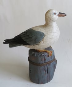 Vintage Seagull Sea Bird Figurine on Post with Rope Ornament, Hand Painted Resin