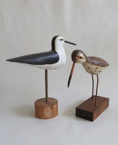 Lot of 2 Vintage Wooden Sea Bird Figurines on Wood Base, Hand Painted