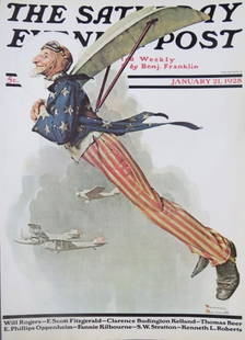 Norman Rockwell, Flying Uncle Sam, 1928, Litho Repro 1976, American Folk Art: "Flying Uncle Sam", by Norman Rockwell, 1928, lithographic reproduction of the Saturday Evening Post cover from the folio; published by Four S Corporation in 1976. Copyright 1976 by Four S Corporation