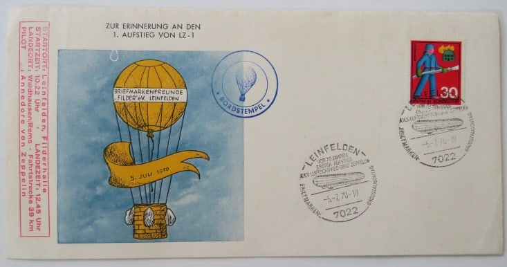 Balloon Cover Commemorating 1st Flight of Airship Zeppelin LZ-1, 1900, July 5, 1970 (1 of 5)