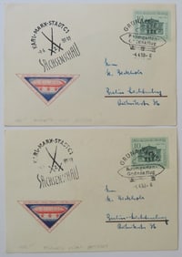 Lot 2 Commemorate 1st Flight Cards for Baumgarten Airship 1879, Gruenau 1959