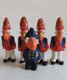 Lot 5 German Miniature Ceramic Figurines, Prussian Guards & King Frederick the Great, 1980s