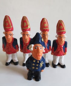 Lot 5 German Miniature Ceramic Figurines, Prussian Guards & King Frederick the Great, 1980s