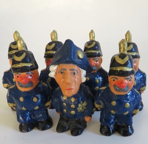 Lot 7 Miniature German Ceramic Figurines, Prussian Policemen & King Frederick II, 1980s