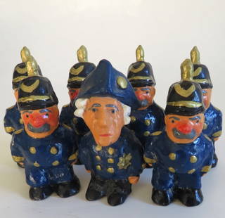 Lot 7 Miniature German Ceramic Figurines, Prussian Policemen & King Frederick II, 1980s: Lot of seven [7] 18th century German miniature ceramic sculptures known in Berlin and Potsdam of the 1980s-90s as lucky charms; the Prussian King Frederick the Great (Frederick II) and six policemen,