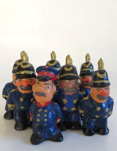 Lot of 7 Miniature German Ceramic Figurines, Prussian Policemen, 1980s: Lot of seven [7] 19th century German miniature ceramic sculptures known in Berlin and Potsdam of the 1980s-90s as lucky charms; Prussian policemen, designed, hand made in Germany, 1980s. Since these s
