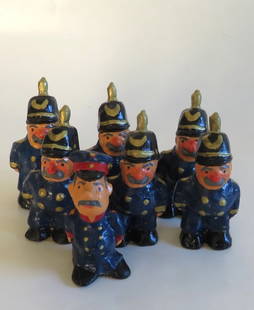 Lot 7 Miniature German Ceramic Figurines, Prussian Policemen, 1980s: Lot of seven [7] 19th century German miniature ceramic sculptures, known in Berlin and Potsdam as lucky charms in the 1980s-90s. Prussian policemen, designed, hand made in Germany, 1980s. Since these