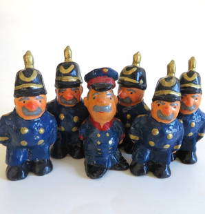 Lot of 6 Miniature German Ceramic Figurines, Prussian Policemen, 1980s: Lot of six [6] 19th century German miniature ceramic sculptures known in Berlin and Potsdam of the 1980s-90s as lucky charms; Prussian policemen, designed, hand made in Germany, 1980s. Since these sma