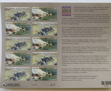 Civil War 1864 Forever Stamps, 2013 Sheet of 12, US SCOTT 4910-4911a: American History - 1864 Battles of Mobile Bay, AL and Petersburg, VA Memorialized on Civil War Forever stamps issued 2013, US Scott#4910-4911a; sheet of 12 stamps, first class self-adhesive. Mint Neve