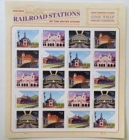 Historic Railroad Stations Forever Stamps, 2023 Sheet of 20, US SCOTT 5758-5762