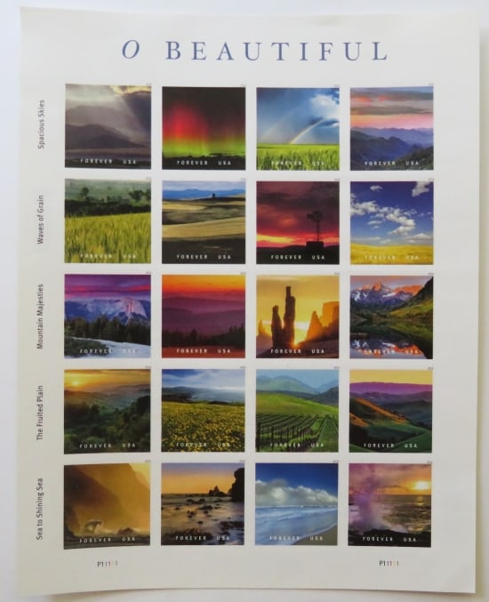 O Beautiful Forever Stamps, 2018 Sheet of 12, US SCOTT 5298: "O Beautiful" Forever stamps issued 2018, US Scott# 5298; sheet of 20 First Class Self-Adhesive stamps [2025 cash value $15.60 - it will increase) Mint Never Hinged. With a grade of VF/XF (Very Fine/E