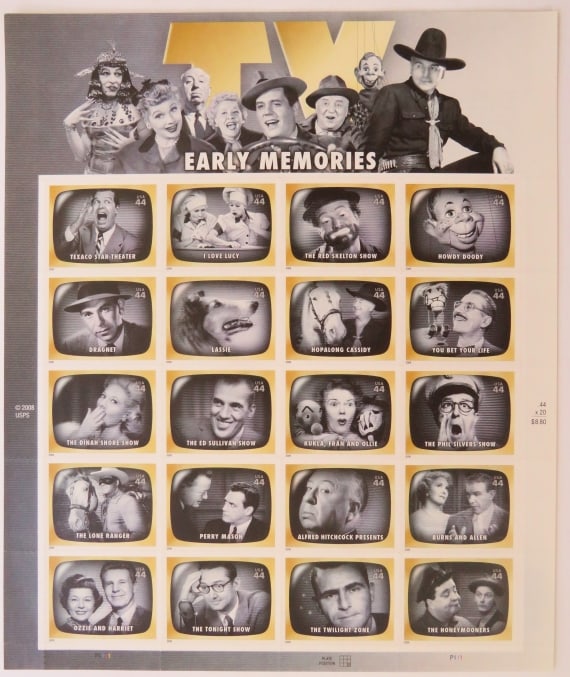 TV Early Memories 44c Stamps, 2008 Sheet of 20, US SCOTT 4414: "TV Early Memories" 44-cent stamps issued 2008, US Scott# 4414; sheet of 20 First Class Self-Adhesive stamps [cash value $8.80) Mint Never Hinged. With a grade of VF/XF (Very Fine/Extremely Fine). Ear