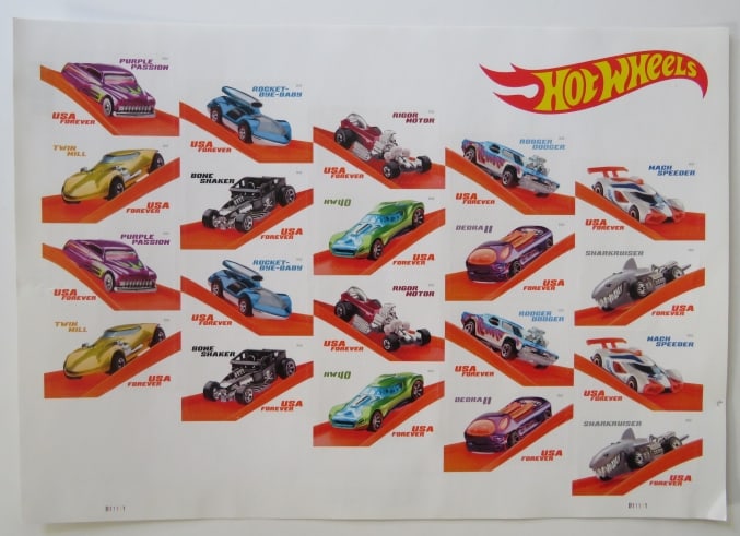 Hot Wheels Forever Stamps, 2018 Sheet of 20, US SCOTT 5321-5330: "Hot Wheels" Forever stamps issued 2018, US Scott# 5321-5330; sheet of 20 First Class Self-Adhesive stamps [2025 cash value $15.60 - it will increase) Mint Never Hinged. With a grade of VF/XF (Very Fi