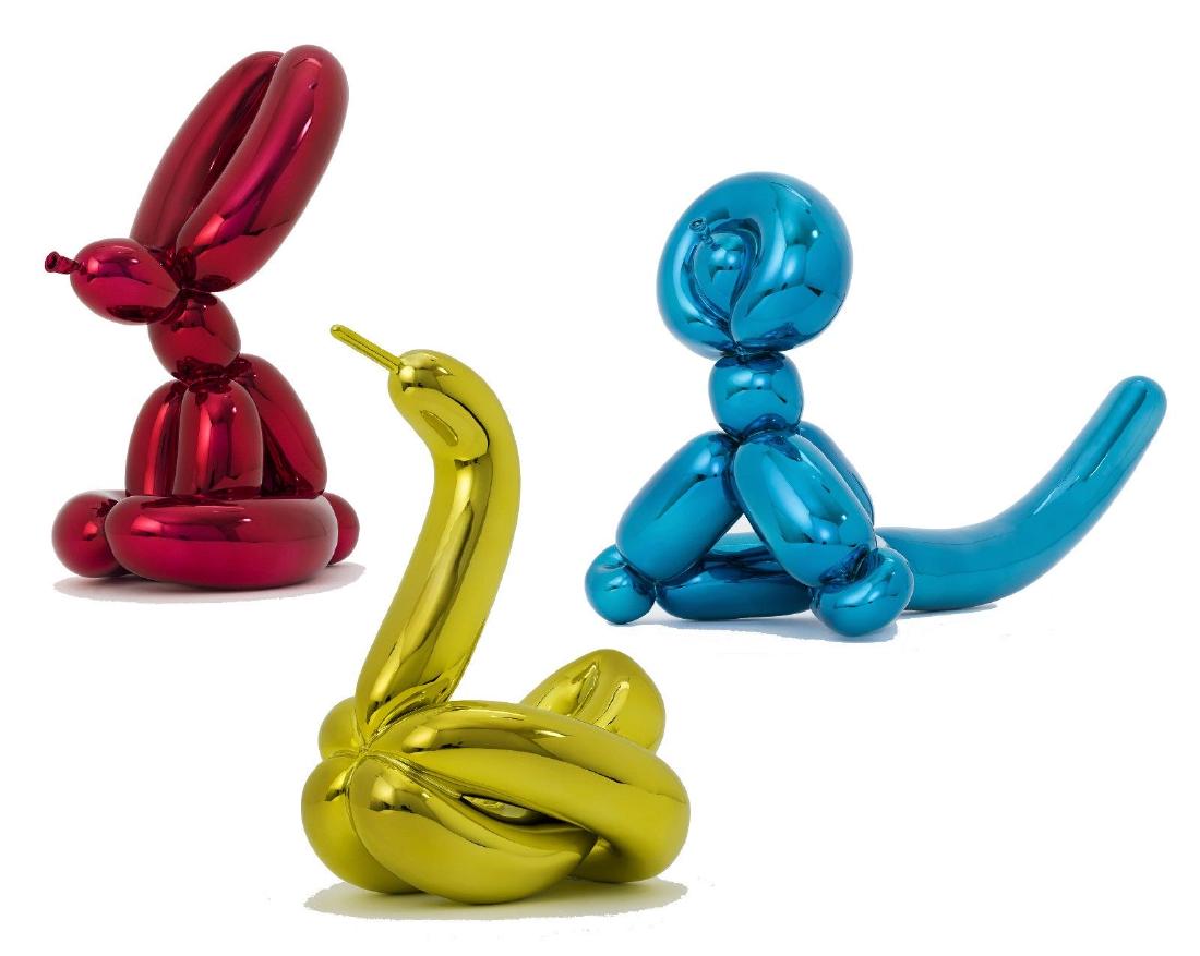 Jeff KOONS (1955): Jeff KOONS (1955), Balloon Red rabbit, Balloon Blue monkey, balloon yellow sign. Chrome Porcelain in original box. Produced by Bernardaud Limoges. Signed and edited at 999 copies. Rabbit: 29.2 x 13.9