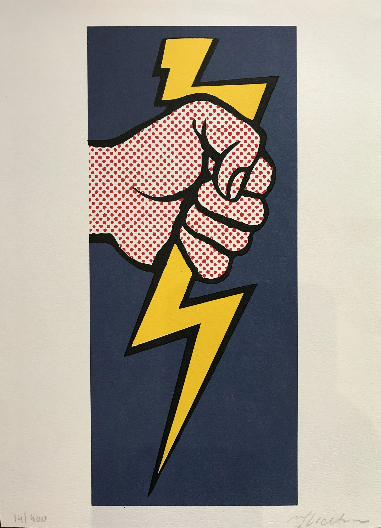 Roy LICHTENSTEIN (1923-1997): Lightning Bolt, sérigraphie couleurs. Signée au crayon et numérotée à 400 exemplaires. 29,5 x 21,5 cm Les lots de cette vente seront expédiés depuis la France apr