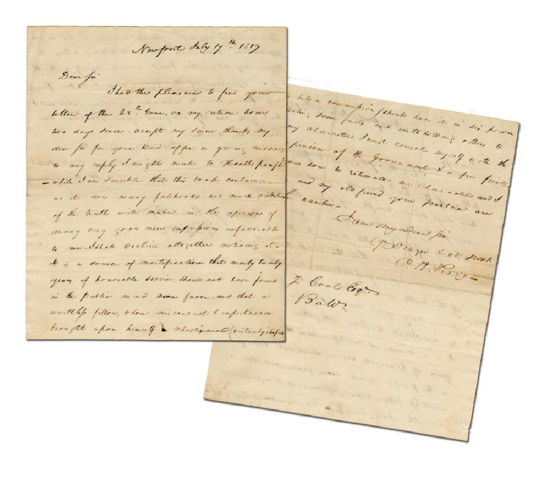 Commodore Oliver Hazard Perry Reacts to a Pamphlet Just: Perry Oliver Commodore Oliver Hazard Perry Reacts to a Pamphlet Just Published by a Court Martialed Officer a Few Months Earlier for Striking a Fellow Officer Autograph Letter Signed "O. H. Perry," 2 
