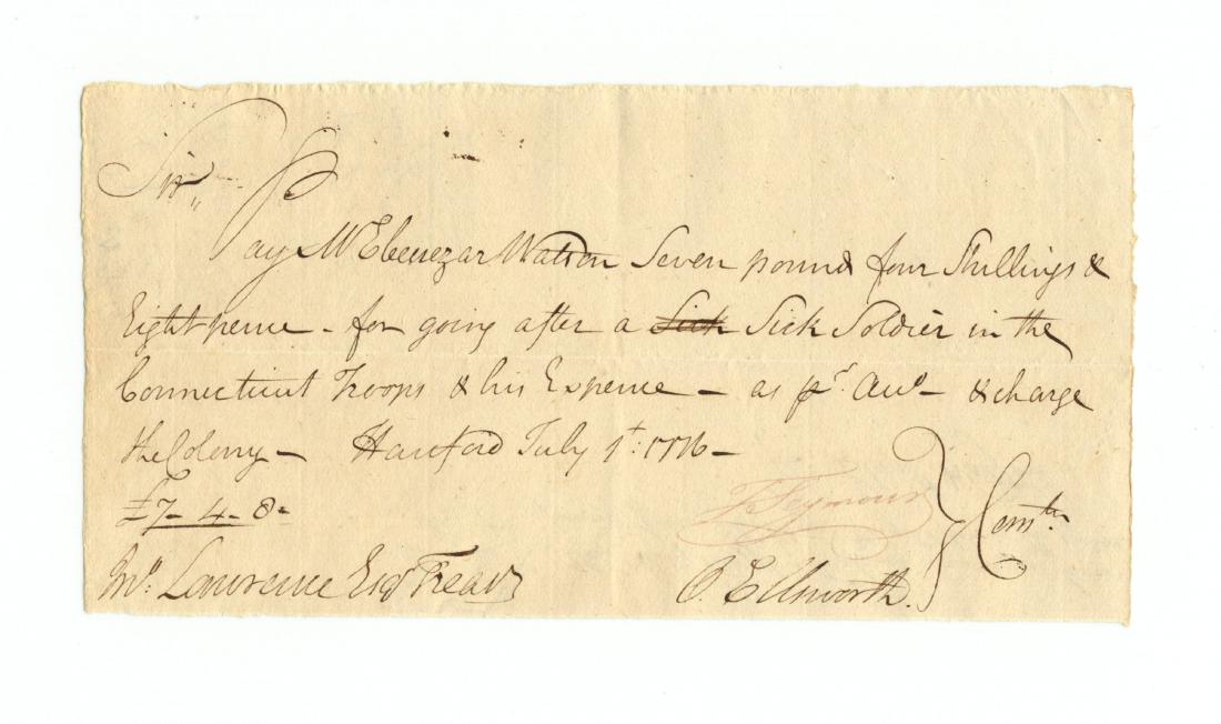Oliver Ellsworth, Constitution Architect & Chief: Description: Ellsworth Oliver Oliver Ellsworth, Constitution Architect &Chief Justice, Signs Pay Order to Early Newspaper Publisher Ebenezer Watson for Retrieving Sick Soldier OL