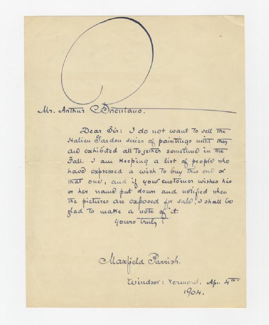 Artist Maxfield Parrish ALS re selling art for Edith: Maxfield Parrish delays a potential sale of one of his paintings done for Edith Wharton's book on Italian gardens Fine content Autograph Letter Signed, "Maxfield Parrish," 1 page, 7.75" 10.25", Windso